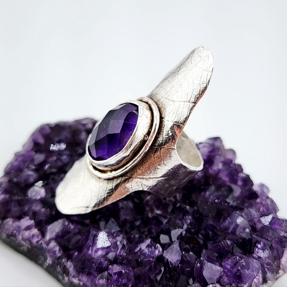 AMETHYST SADDLE LEAF EMBOSSED RING HANDMADE IN STERLING SILVER SZ 8